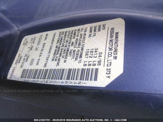 1N4AB41D6WC758798 - 1998 NISSAN SENTRA E/XE/GXE/GLE BLUE photo 9