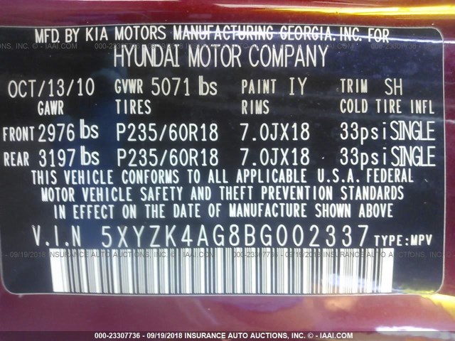 5XYZK4AG8BG002337 - 2011 HYUNDAI SANTA FE LIMITED BURGUNDY photo 9