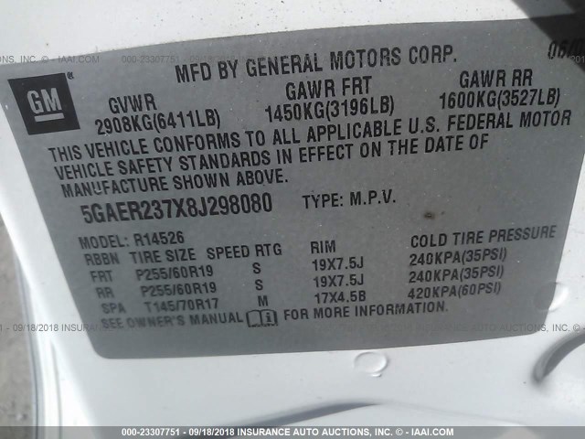 5GAER237X8J298080 - 2008 BUICK ENCLAVE CXL თეთრი ფოტო 9