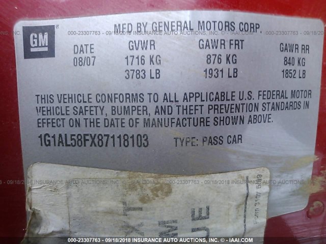 1G1AL58FX87118103 - 2008 CHEVROLET COBALT LT RED photo 9