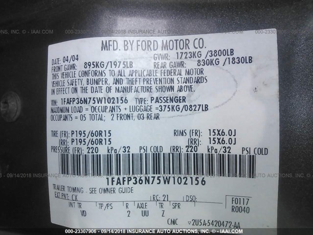 1FAFP36N75W102156 - 2005 FORD FOCUS ZXW GRAY photo 9