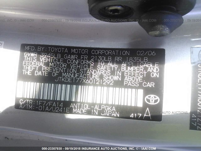 JTKDE177X60121292 - 2006 TOYOTA SCION TC 银色 照片 9