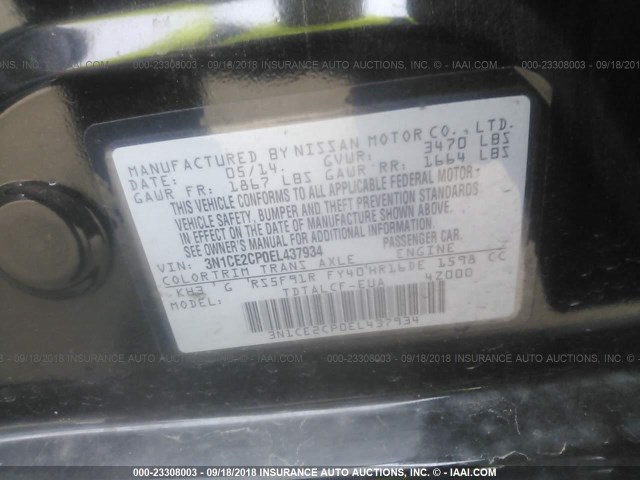 3N1CE2CP0EL437934 - 2014 NISSAN VERSA NOTE S/S PLUS/SV/SL BLACK photo 9