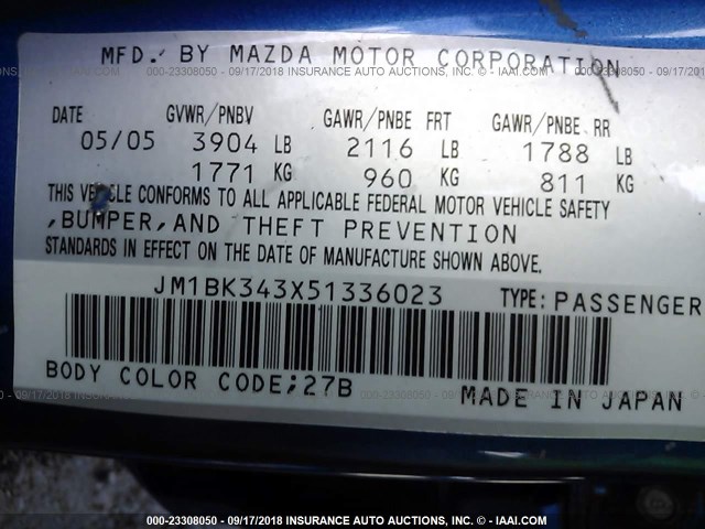 JM1BK343X51336023 - 2005 MAZDA 3 HATCHBACK BLUE photo 9