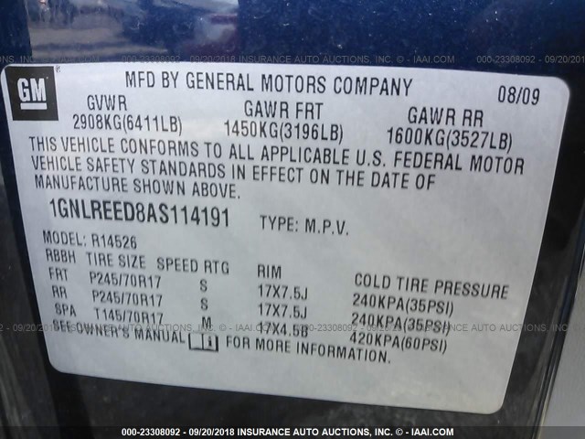 1GNLREED8AS114191 - 2010 CHEVROLET TRAVERSE LS BLUE photo 9