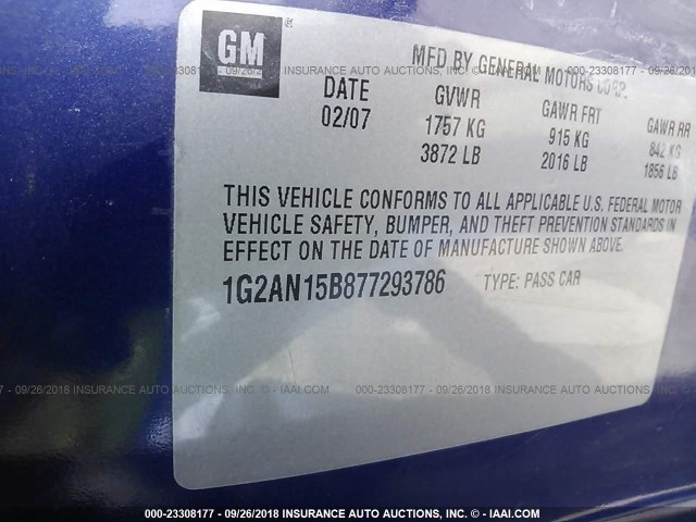 1G2AN15B877293786 - 2007 PONTIAC G5 GT BLUE photo 9