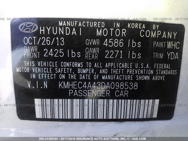 KMHEC4A43DA098538 - 2013 HYUNDAI SONATA HYBRID WHITE photo 9