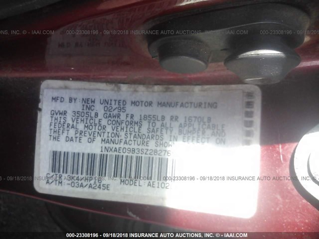 1NXAE09B3SZ282765 - 1995 TOYOTA COROLLA LE/DX 勃艮第红 照片 9