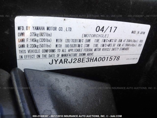 JYARJ28E3HA001578 - 2017 YAMAHA YZFR6 BLACK photo 10