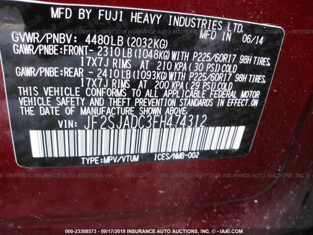 JF2SJADC3FH474312 - 2015 SUBARU FORESTER 2.5I PREMIUM RED photo 9