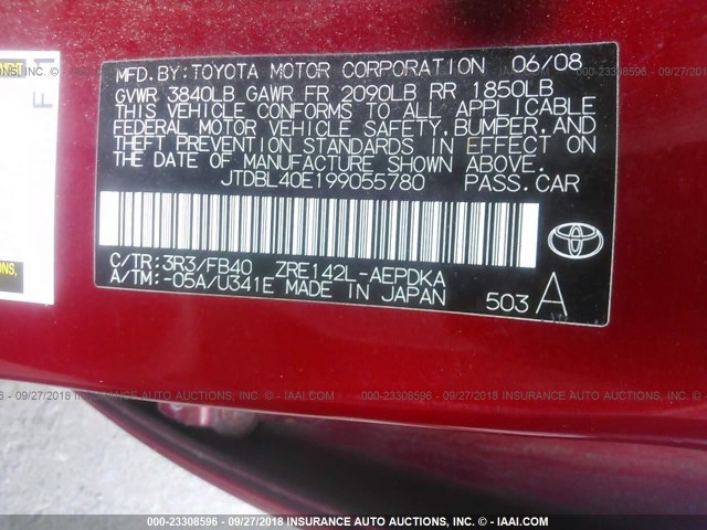JTDBL40E199055780 - 2009 TOYOTA COROLLA LE/XLE RED photo 9