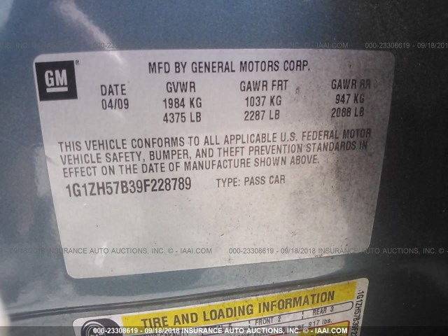 1G1ZH57B39F228789 - 2009 CHEVROLET MALIBU 1LT GREEN photo 9