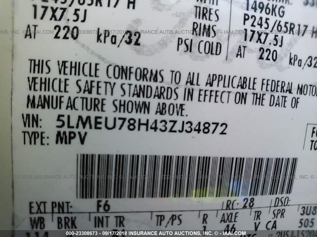 5LMEU78H43ZJ34872 - 2003 LINCOLN AVIATOR 奶油色 照片 9