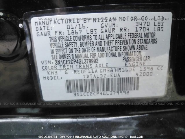 3N1CE2CP4GL379992 - 2016 NISSAN VERSA NOTE S/S PLUS/SV/SL/SR BLACK photo 9