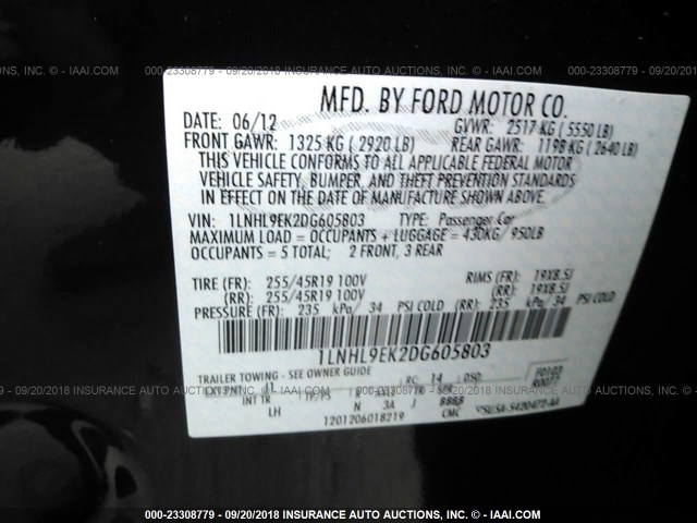 1LNHL9EK2DG605803 - 2013 LINCOLN MKS BLACK photo 9