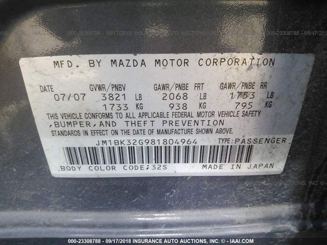 JM1BK32G981804964 - 2008 MAZDA 3 I GRAY photo 9