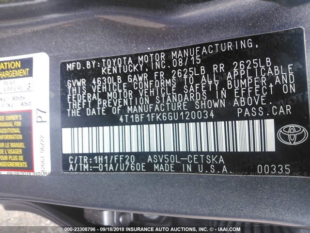4T1BF1FK6GU120034 - 2016 TOYOTA CAMRY LE/XLE/SE/XSE GRAY photo 9