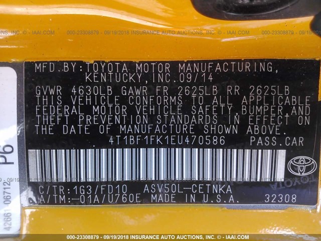 4T1BF1FK1EU470586 - 2014 TOYOTA CAMRY L/SE/LE/XLE ყვითელი ფოტო 9