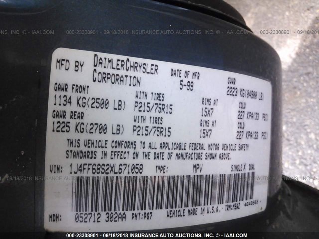 1J4FF68S2XL671058 - 1999 JEEP CHEROKEE SPORT/CLASSIC ლურჯი ფოტო 9