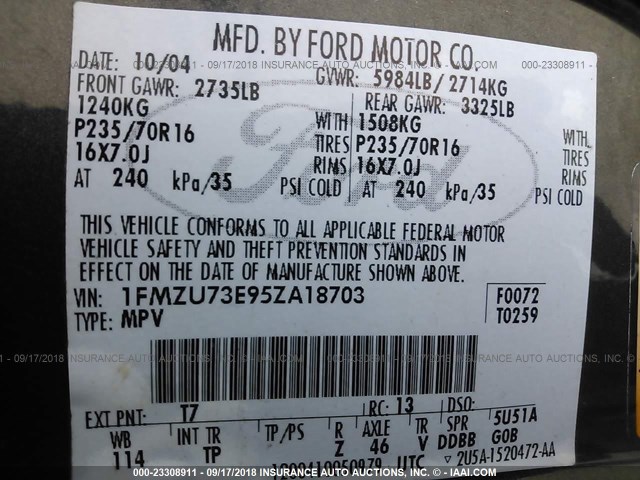 1FMZU73E95ZA18703 - 2005 FORD EXPLORER XLT/XLT SPORT/NBX 棕色 照片 9