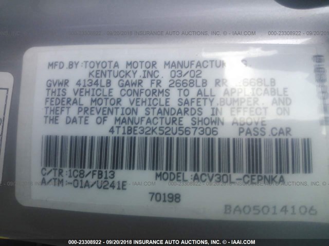 4T1BE32K52U567306 - 2002 TOYOTA CAMRY LE/XLE/SE Күміс фото 9