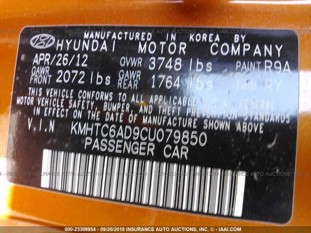 KMHTC6AD9CU079850 - 2012 HYUNDAI VELOSTER ORANGE photo 9