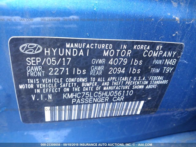 KMHC75LC5HU056110 - 2017 HYUNDAI IONIQ SEL BLUE photo 9