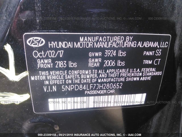 5NPD84LF7JH280652 - 2018 HYUNDAI ELANTRA SEL/VALUE/LIMITED BLACK photo 9