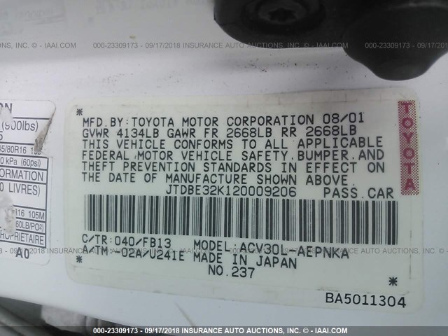 JTDBE32K120009206 - 2002 TOYOTA CAMRY LE/XLE/SE Ağ foto 9