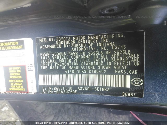 4T4BF1FK9FR486462 - 2015 TOYOTA CAMRY LE/XLE/SE/XSE ლურჯი ფოტო 9