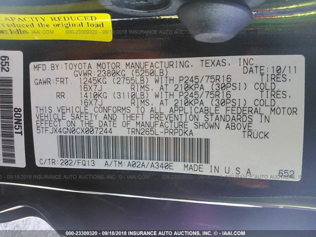 5TFJX4GN0CX007244 - 2012 TOYOTA TACOMA DOUBLE CAB 黑色 照片 9