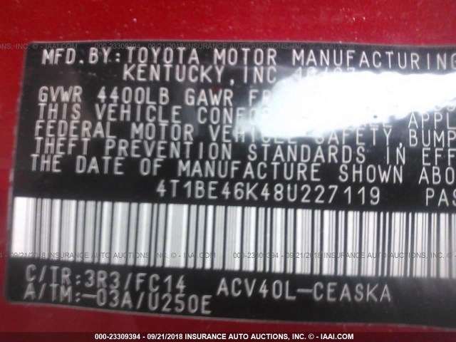 4T1BE46K48U227119 - 2008 TOYOTA CAMRY CE/LE/XLE/SE RED photo 9