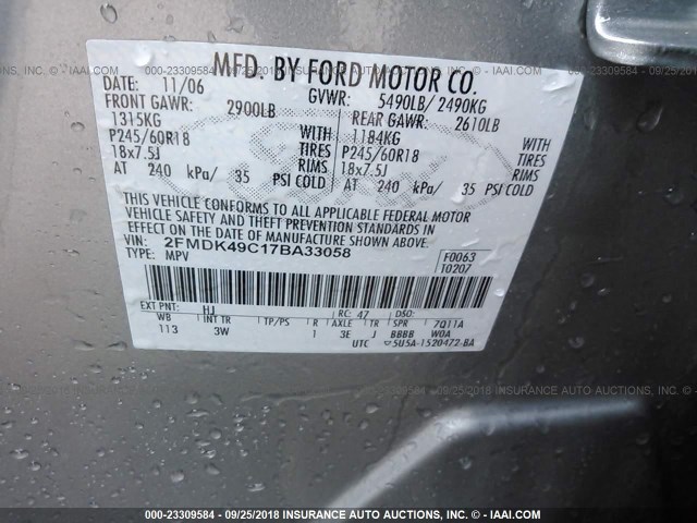 2FMDK49C17BA33058 - 2007 FORD EDGE SEL PLUS SILVER photo 9