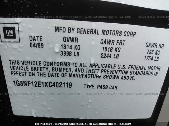 1G3NF12E1XC402119 - 1999 OLDSMOBILE ALERO GLS 黑色 照片 9