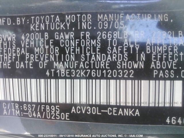 4T1BE32K76U120322 - 2006 TOYOTA CAMRY LE/XLE/SE 绿色 照片 9