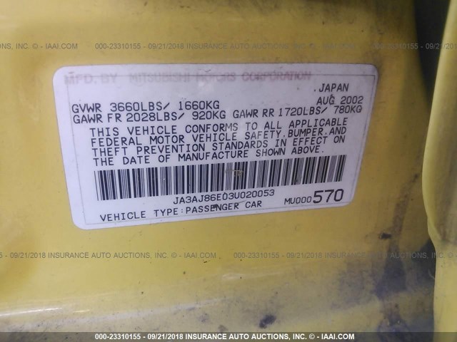 JA3AJ86E03U020053 - 2003 MITSUBISHI LANCER OZ RALLY YELLOW photo 9