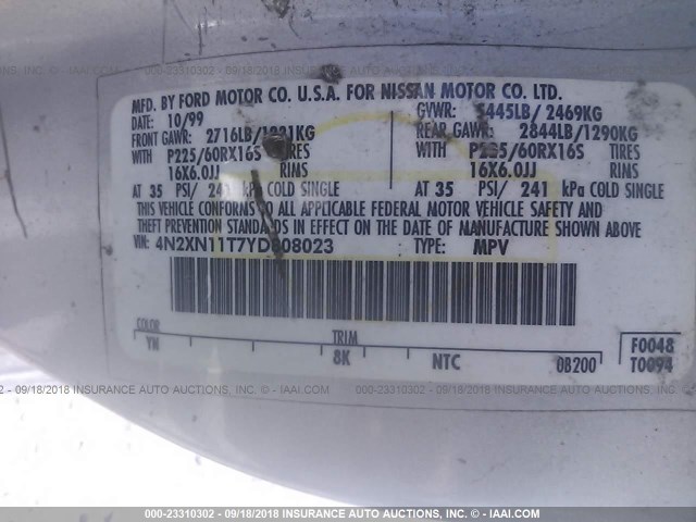 4N2XN11T7YD808023 - 2000 NISSAN QUEST SE/GLE/GXE SILVER photo 9