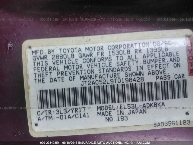 JT2AC52L9T0198428 - 1996 TOYOTA TERCEL STD/DX MAROON photo 9