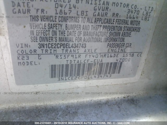 3N1CE2CP0EL434743 - 2014 NISSAN VERSA NOTE S/S PLUS/SV/SL SILVER photo 9