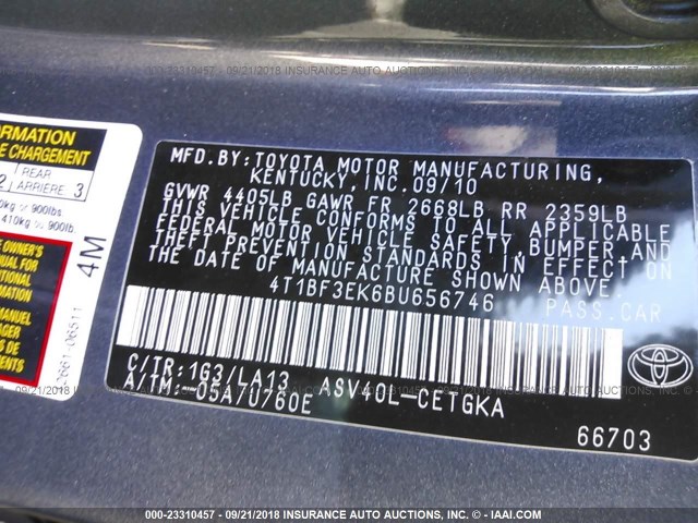 4T1BF3EK6BU656746 - 2011 TOYOTA CAMRY SE/LE/XLE 灰色 照片 9