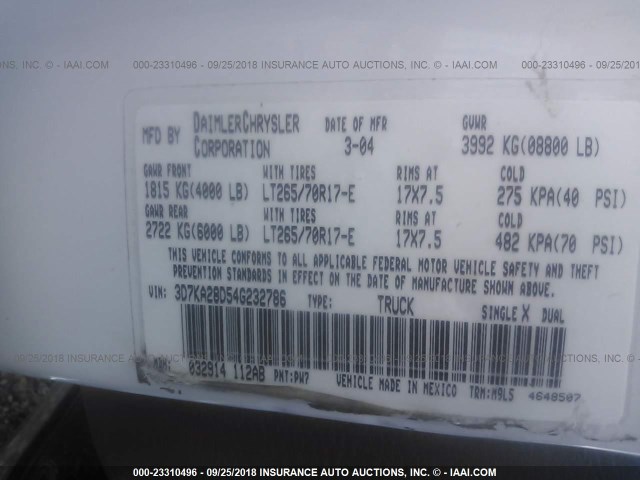 3D7KA28D54G232786 - 2004 DODGE RAM 2500 ST/SLT 白色 照片 9