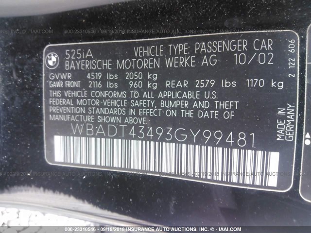 WBADT43493GY99481 - 2003 BMW 525 I AUTOMATIC BLACK photo 9