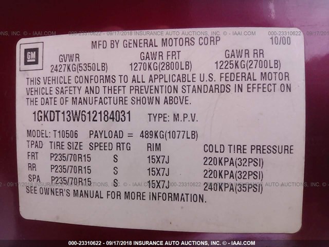 1GKDT13W612184031 - 2001 GMC JIMMY Czerwony zdjęcie 9