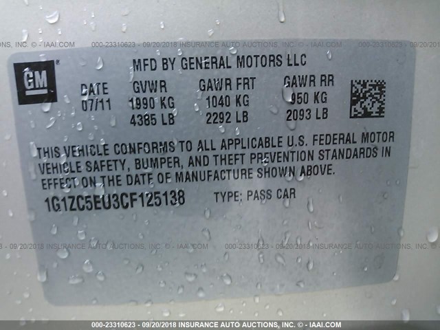 1G1ZC5EU3CF125138 - 2012 CHEVROLET MALIBU 1LT BEIGE photo 9