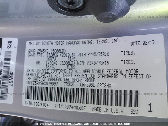 5TFCZ5AN9HX079097 - 2017 TOYOTA TACOMA DBL CAB/SR/TRDSPT/OR/PRO ვერცხლისფერი ფოტო 9