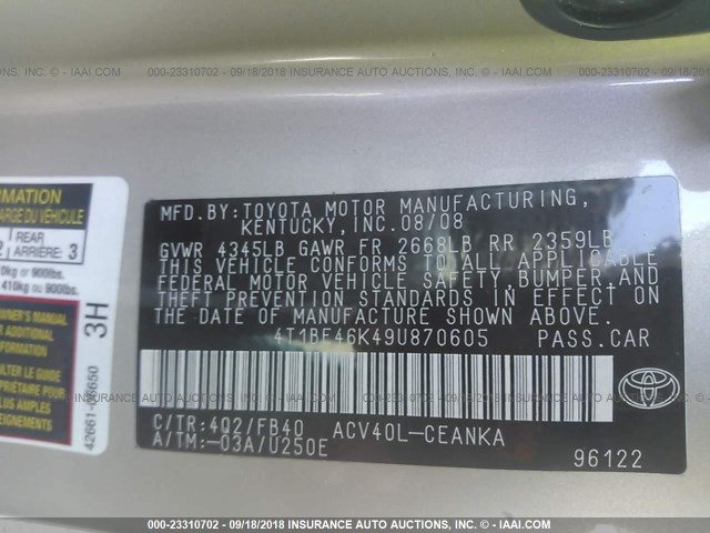 4T1BE46K49U870605 - 2009 TOYOTA CAMRY SE/LE/XLE 金色 照片 9