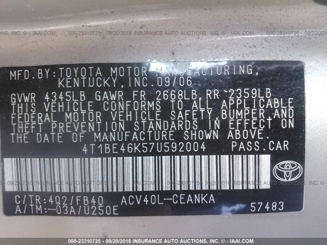 4T1BE46K57U592004 - 2007 TOYOTA CAMRY NEW GENERAT CE/LE/XLE/SE GOLD photo 9