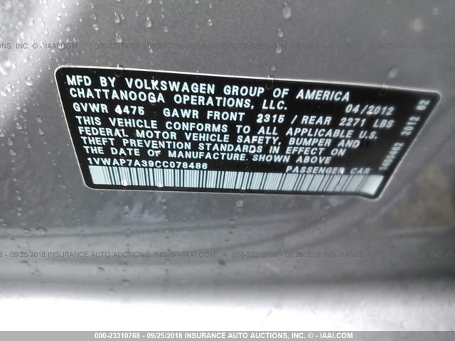 1VWAP7A39CC078486 - 2012 VOLKSWAGEN PASSAT S SILVER photo 9