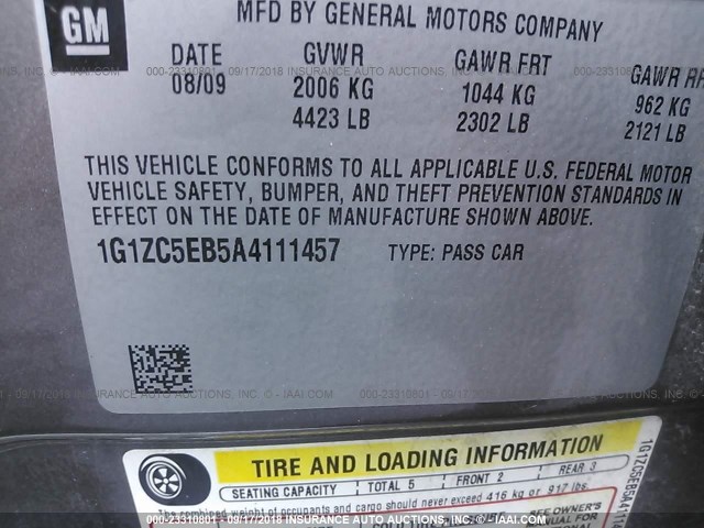 1G1ZC5EB5A4111457 - 2010 CHEVROLET MALIBU 1LT GRAY photo 9