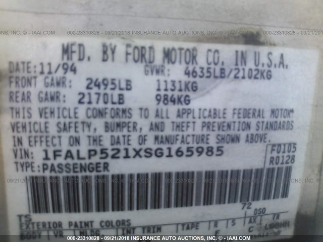 1FALP521XSG165985 - 1995 FORD TAURUS GL/SE SILVER photo 9